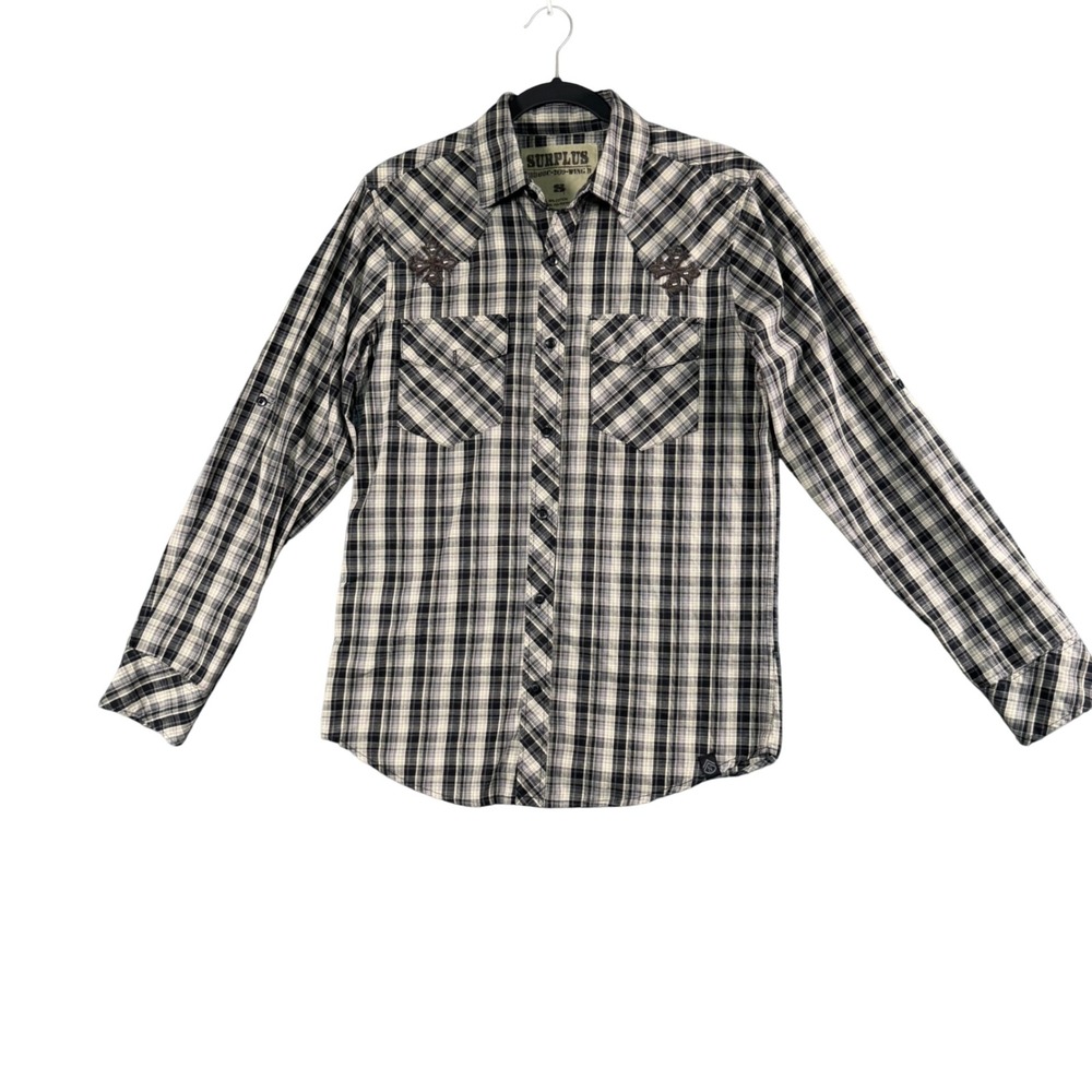 Surplus Mens Plaid Pearl‎ Snap Western Shirt Embroidered Y2K Gorpcore Utility S - Picture 2 of 7